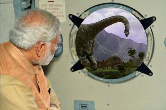 How this photo of Narendra Modi's Chennai floods visit caused controversy and mockery! Mocked image of Modi showing him travelling past in time to see dinasaurs!